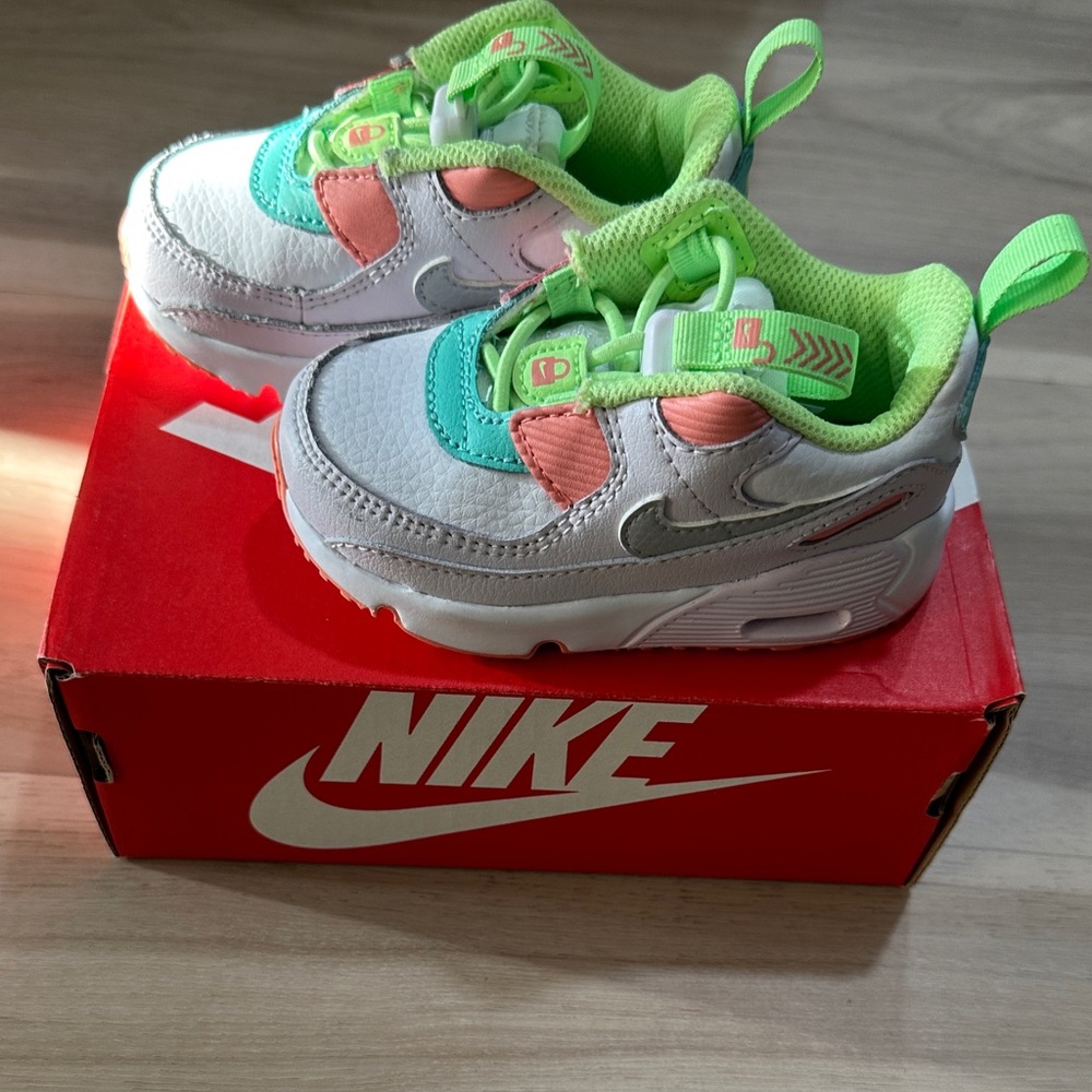 Nike Kids White Sneakers with Neon Green, Coral & Teal Accents